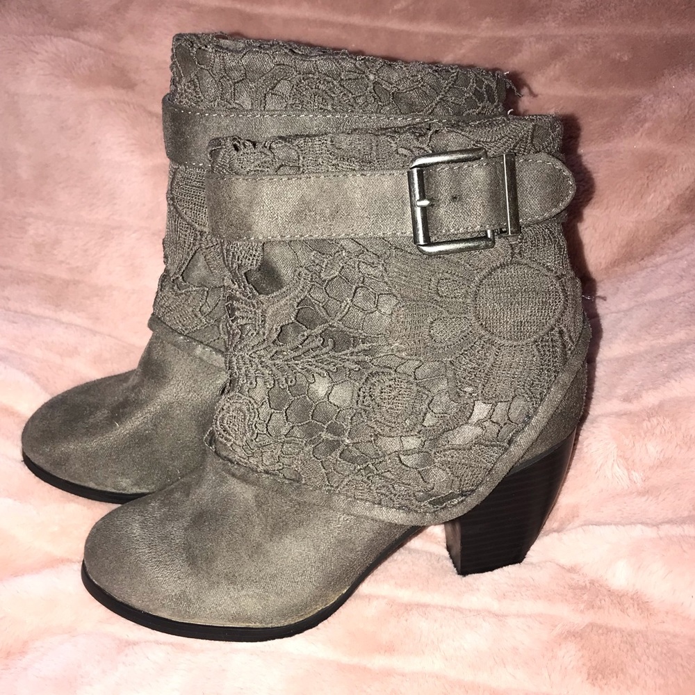 Women's Lace-Trim Mid-Calf Heeled Boot in Gray